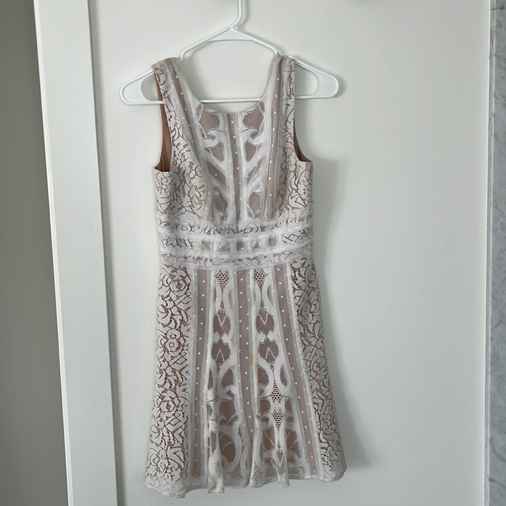 White BCBG Maxarzia lace dress fit and flare with cream lining